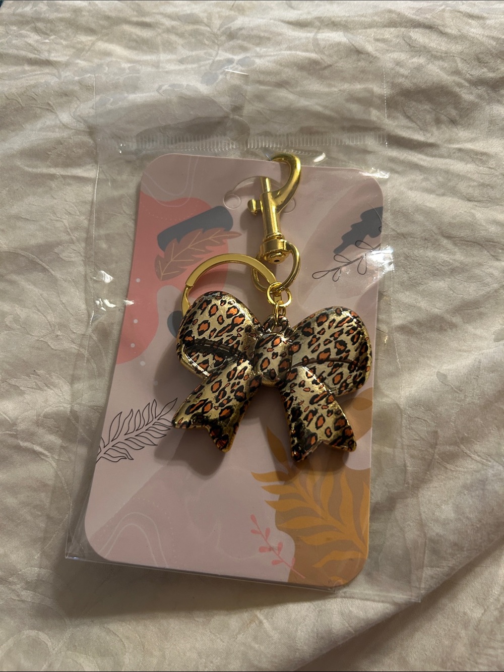 Leopard Print Bow Keychain with Gold Hardware